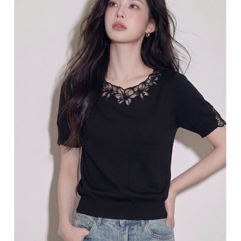 Lace Short-Sleeved Knitted T-Shirt for Women, Summer 2026, Thin and Stylish, Tencel High-End Hollow-Out Lace Round-Neck Top Lace Short-Sleeved Knitted T-Shirt for Women, Summer 2026, Thin and Stylish, Tencel High-End Hollow-Out Lace Round-Neck Top