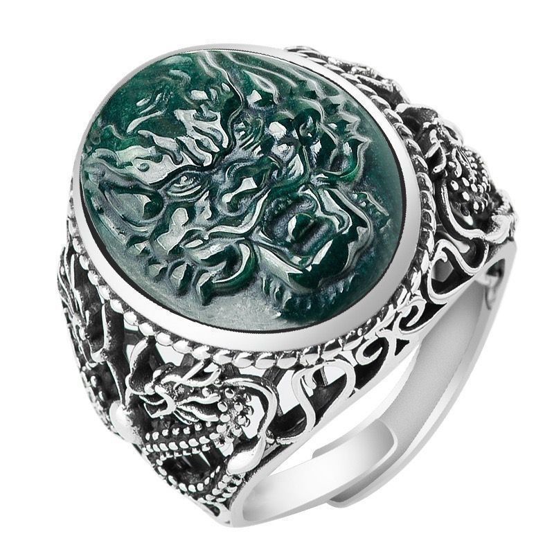 S925 silver retro ring men's domineering ring men's jade faucet Xizang opening ring for boyfriend gift