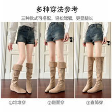 内增高过膝长筒靴女两穿靴子秋冬方头高筒堆堆长靴大筒围骑士靴女