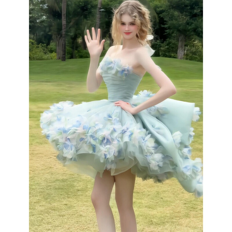Evening Dress for Petite Women, Strapless, Student Day-Of-The-Dead Ceremony, Art Exam, Fairy-Style, Super Fairy-Like, Puffy Princess Dress, Bridal Gown
