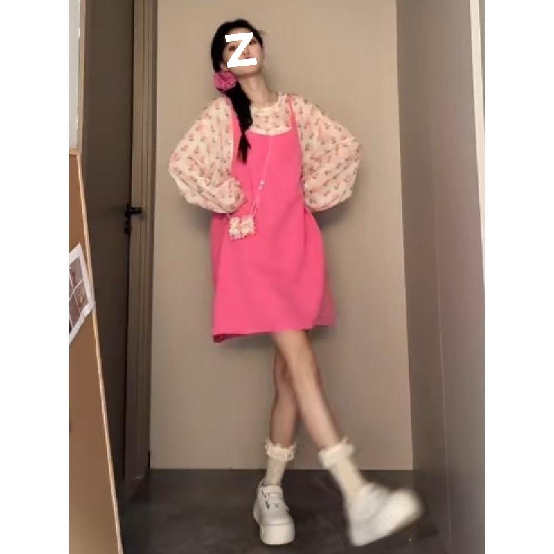 多巴胺穿搭韩系独特超好看印花防晒上衣宽松吊带裙两件套2025春季|undefined