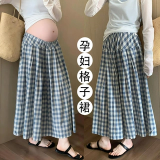 孕妇夏季新款时尚格子韩版百搭休闲百搭A字大摆无托伞裙长裙子
