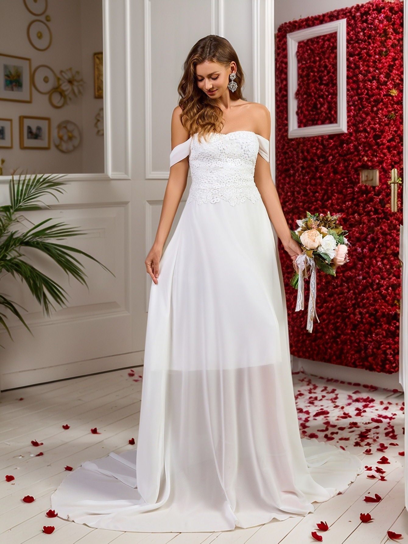 2025 verano nuevo vestido de comercio exterior wish amazon doble hombro encaje chiffon empalme vestido de novia