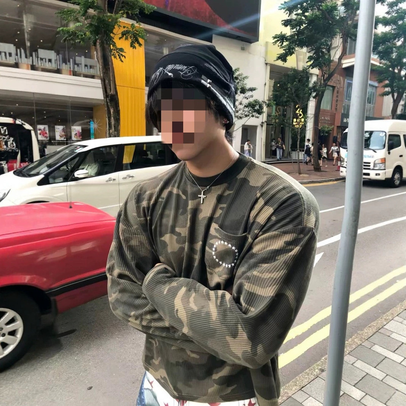【Cross-border】American street fashion brand camouflage waffle embroidered long-sleeve versatile casual T-shirt for men