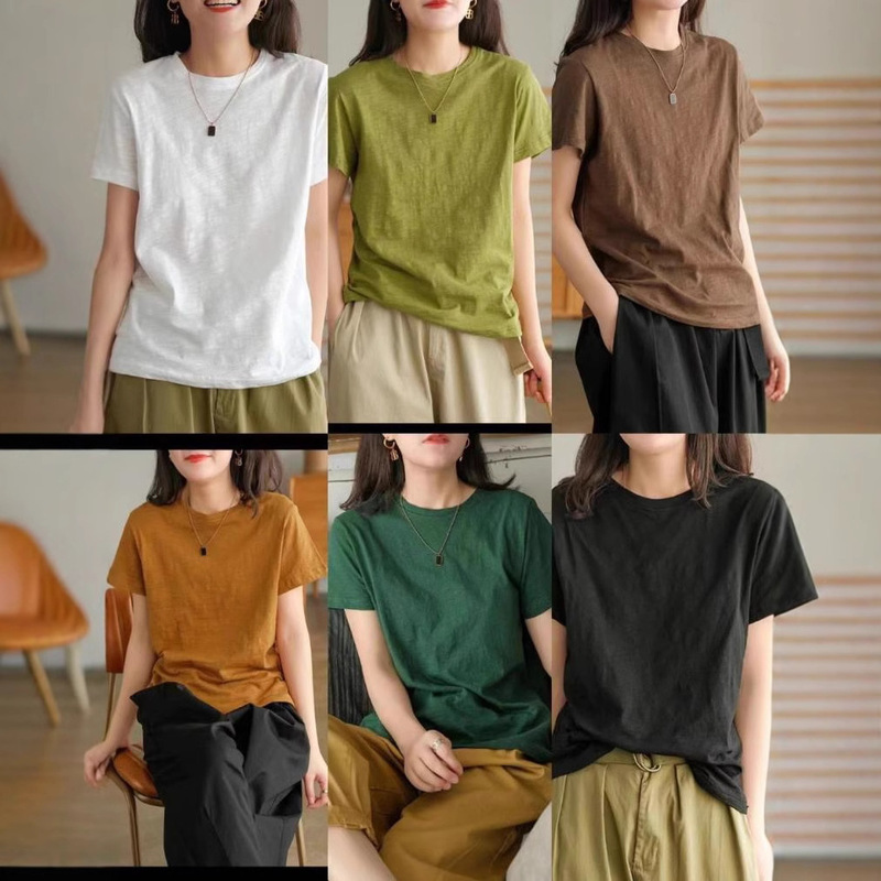 2025 New Summer Style Simple Bamboo Cotton Short-Sleeved T-Shirt Casual Versatile Pullover Skin-Friendly and Comfortable Round Neck Top for Women