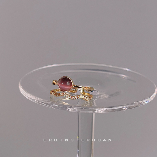 Micropaved zircon glass cat's eye ring plated 14K open adjustable ring sweet Japanese and Korean index finger ring jewelry