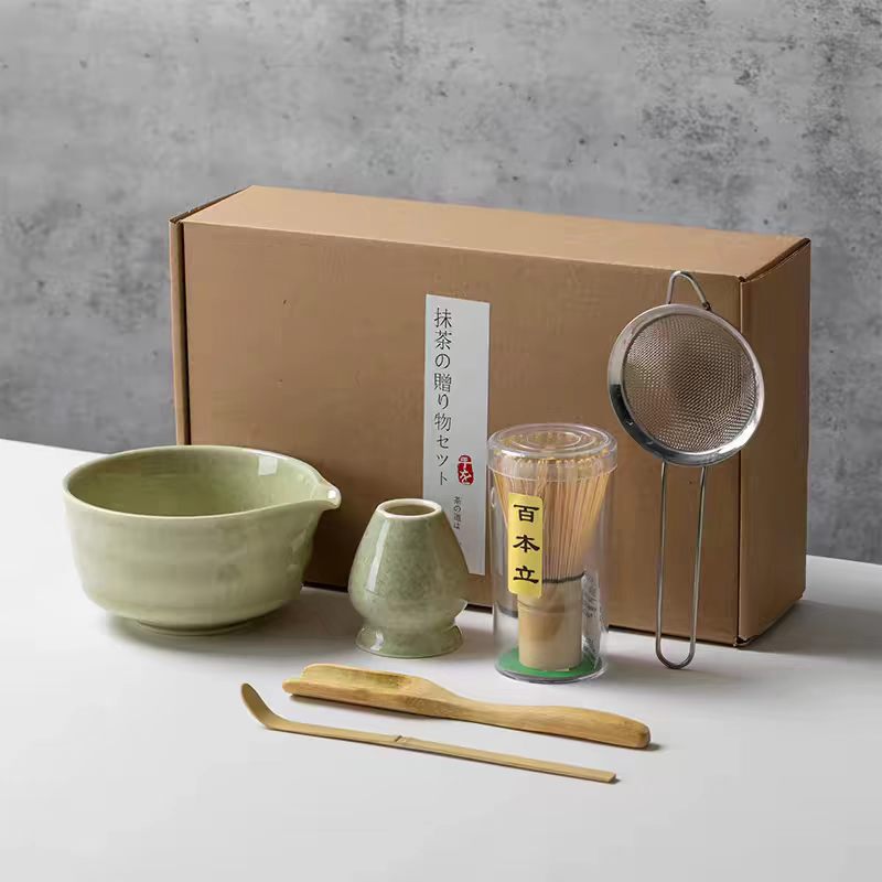 Ceramic matcha set, Japanese-style wave-patterned matcha bowl with a pointed spout, tea whisk, and tea whisk stand