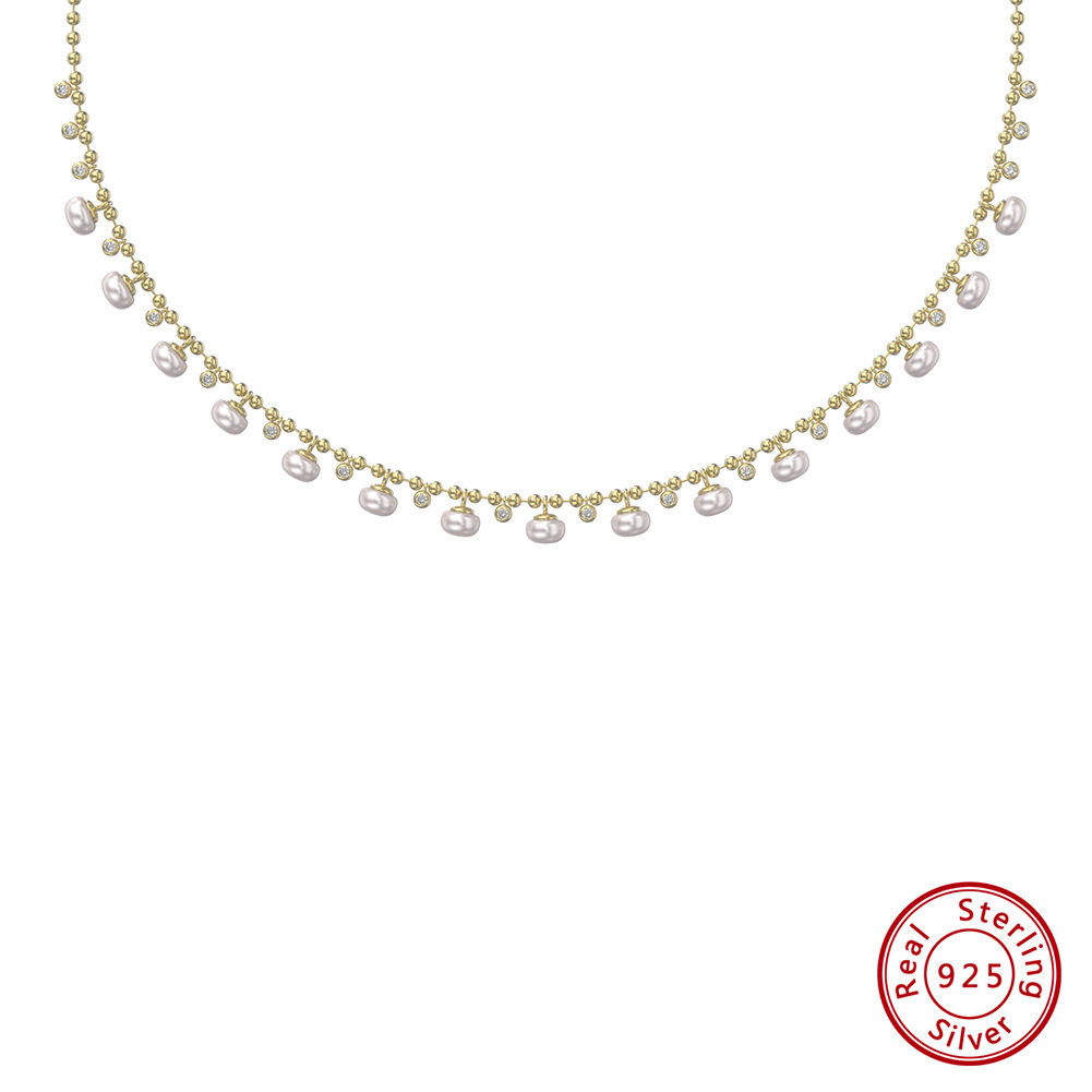 14K Real Gold Plated Plating Material 925 Sterling Silver Pendant Material 925 Sterling Silver Freshwater Pearl Zircon Ball Chain Plating Inlay Round Necklace