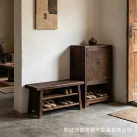 复古风老榆木鞋柜家用入户门玄关组合收纳柜中式做旧门厅实木鞋柜