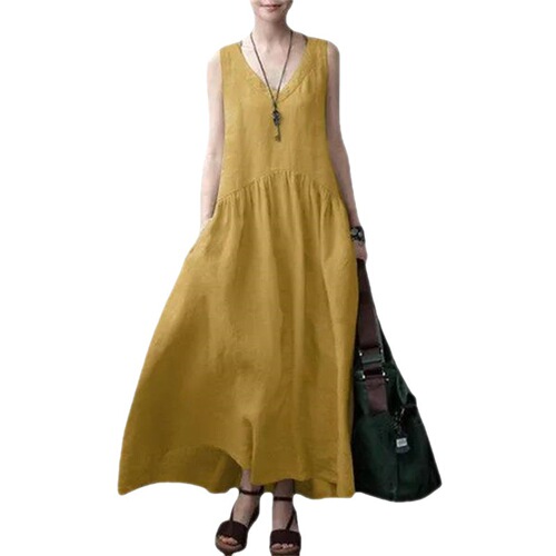Summer Women's Long Dress Loose Pleated Fashion Sleeveless Solid Color Backless Cotton Linen Dress