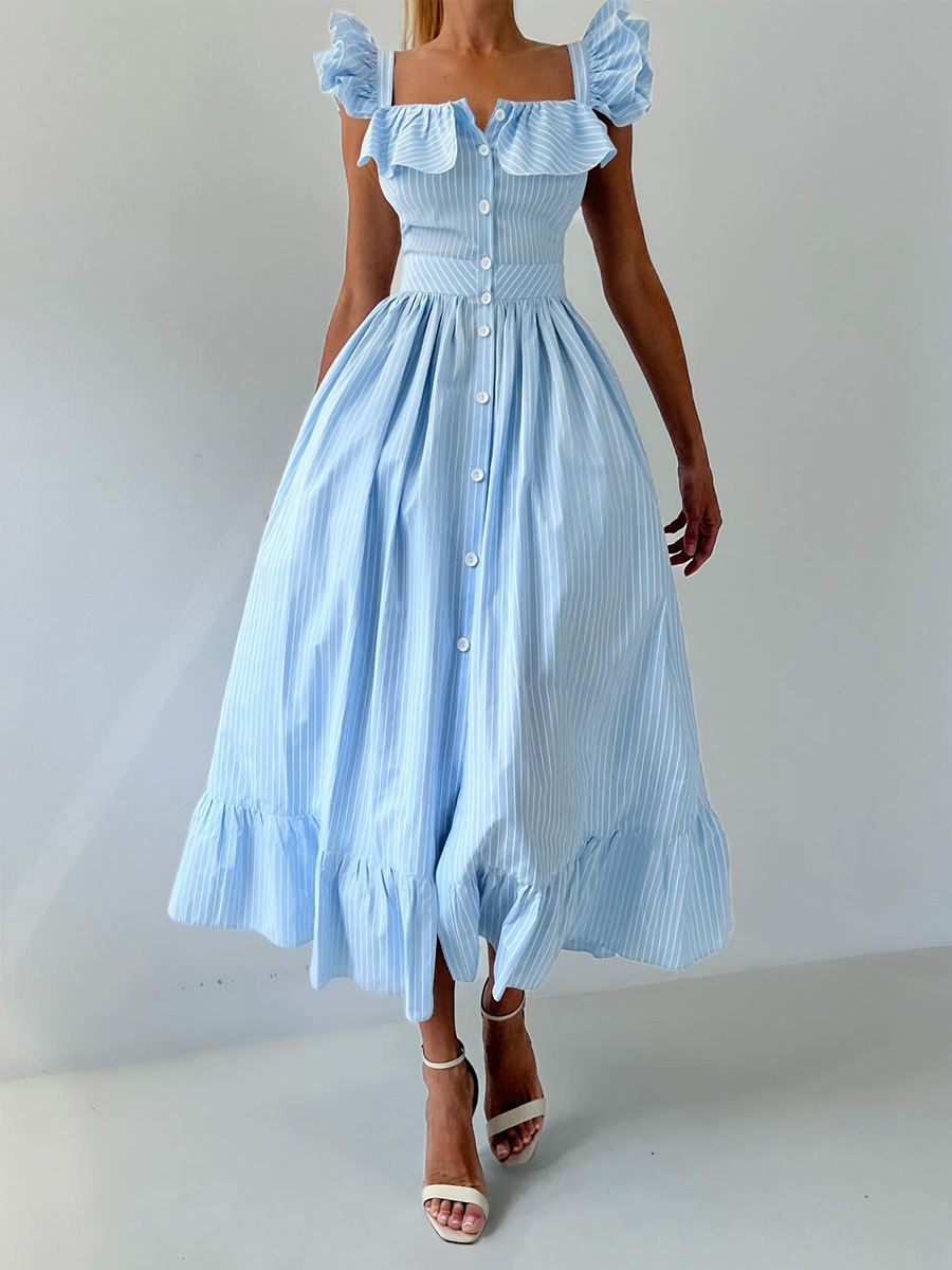 Women's Clothing Striped Dress Button Down Cardigan Waist Cinching Long Dress Summer New Style Flutter Sleeve_ecoleips.com