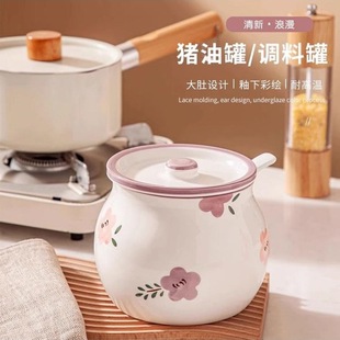 Japanese-Style Double-Handle Ceramic Household Lard Jar with Lid, High-Temperature Resistant Oil Spicy Jar, Seasoning Jar, Large Capacity Underglaze Color