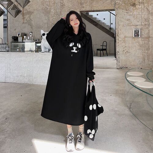 Knee-high long hoodie dress for women, winter loose Korean style ins, lazy style and velvet thick large size fried street dress