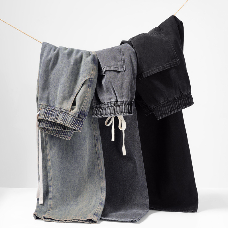 Sanhaiwhale American Retro Washed Jeans Men's Summer Wide-Leg Pants Elastic Waist Drawstring Loose Straight Pants Trendy
