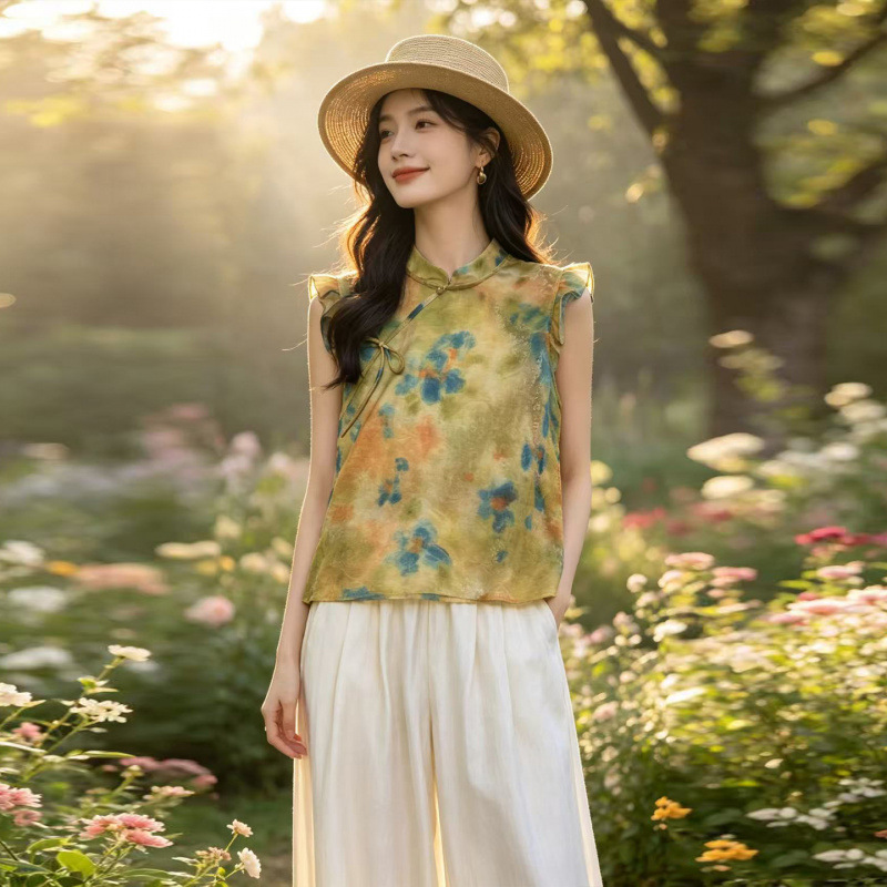 Chinese Retro Style Women's Suit Set 2026 New Summer Slimming Stand Collar Asymmetrical Opening Sleeveless Top and Wide Leg Pants Two-Piece Set