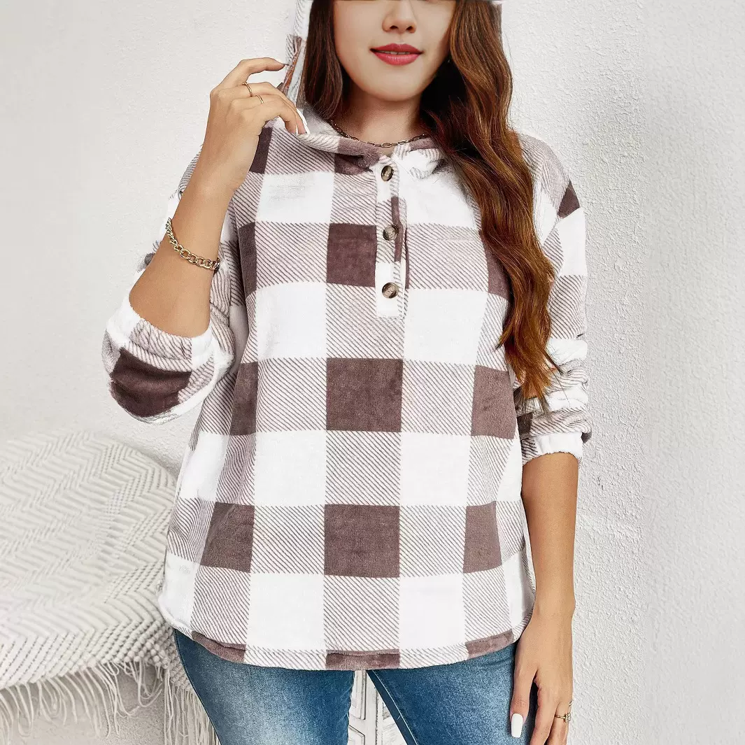 2025秋冬新款跨境亚马逊格子半开领宽松毛绒连帽休闲卫衣女装
