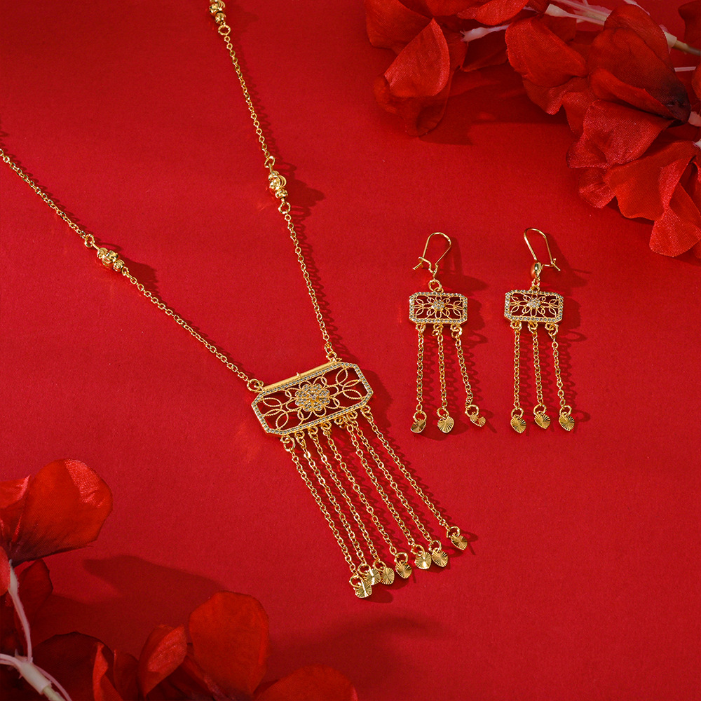 Transfronterizo popular en el Medio Oriente hermosamente hecha pendientes collares juegos de joyas pendientes de diamantes colgantes de dos piezas juegos de joyas mujeres