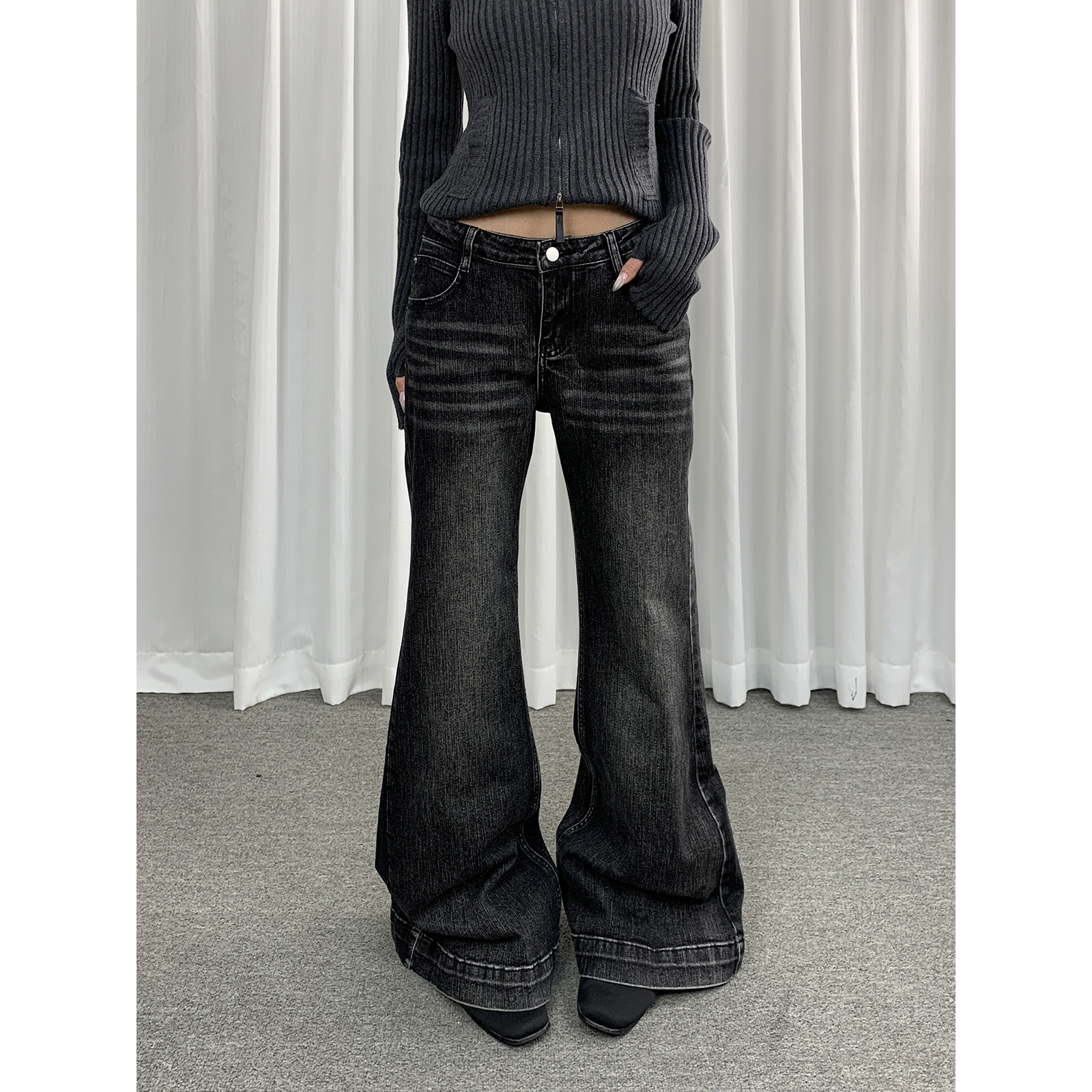 行走的牛仔美式高街微喇叭黑色牛仔裤女高级百搭显瘦长裤5710