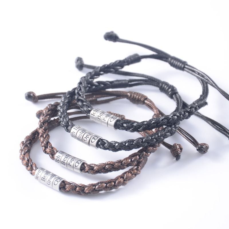 European and American personalized cross-border jewelry for men, stainless steel wax cord woven bracelet, customizable with English engraving and beaded design