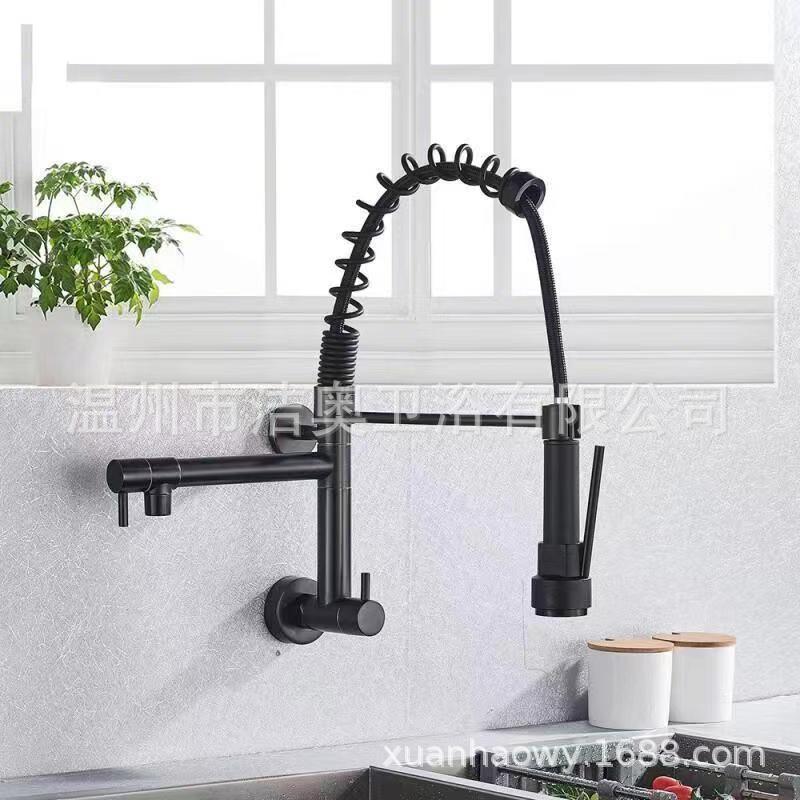 Factory copper single cold wall kitchen spring faucet multi-functional hot and cold vegetable basin pull-out vegetable basin faucet