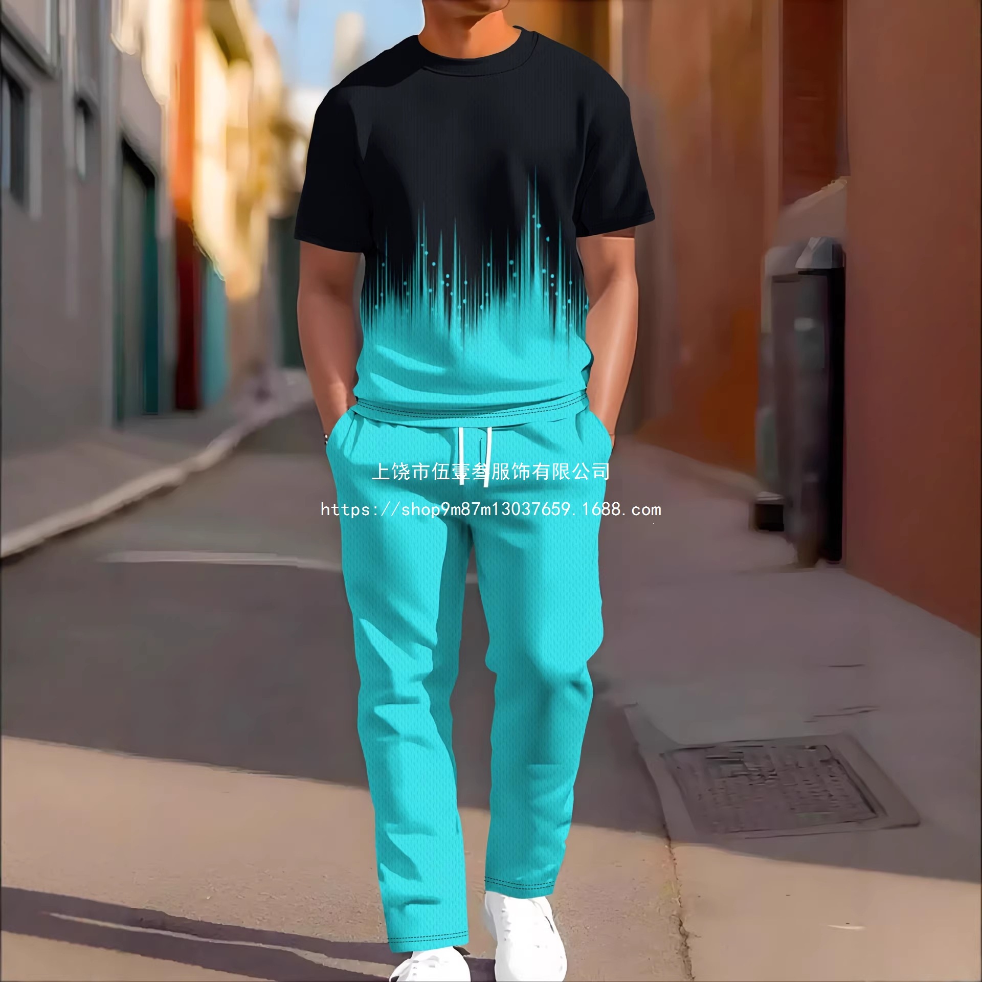 欧美跨境亚马逊新款潮流时尚3D数码印花男士短袖长裤休闲运动套装