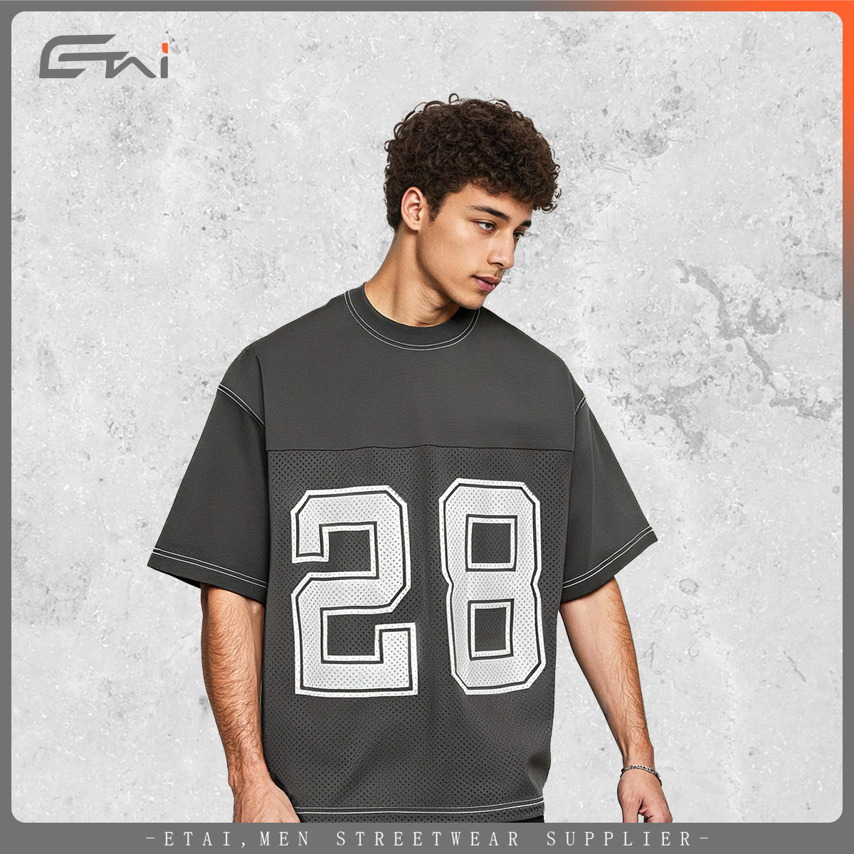 ETAI Hombre| Camiseta deportiva americana, camiseta de estilo, marca de moda masculina, tela de malla de alta calidad, línea de contraste de color, manga corta, ancha