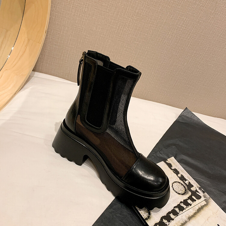 Boot ngắn nữ da bò mũi tròn đế dày thoáng khí khóa kéo sau — Màu đen, Màu mơ chi tiết 108