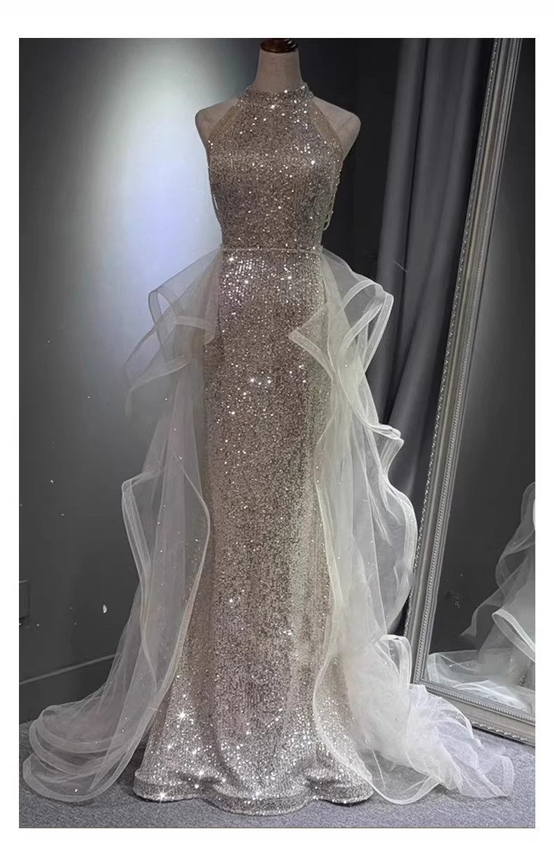 Silver White Sequined Mermaid Evening Gown For Women New Style Understated Luxury Perfect For Engagement Parties And Special Occasions_ecoleips.com