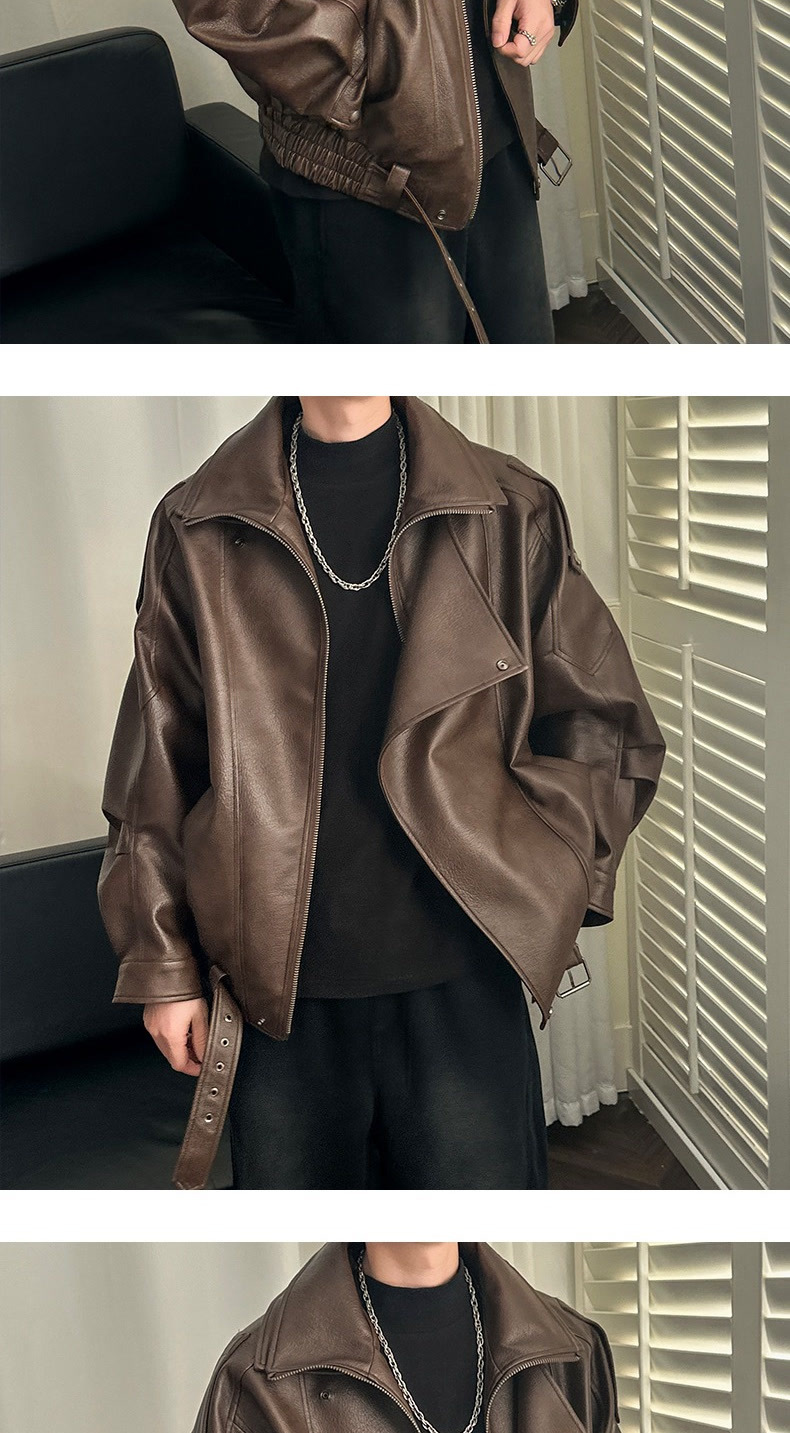 Men's Leather Jacket With Shoulder Pads And Lapel High-end Style_voghion.com