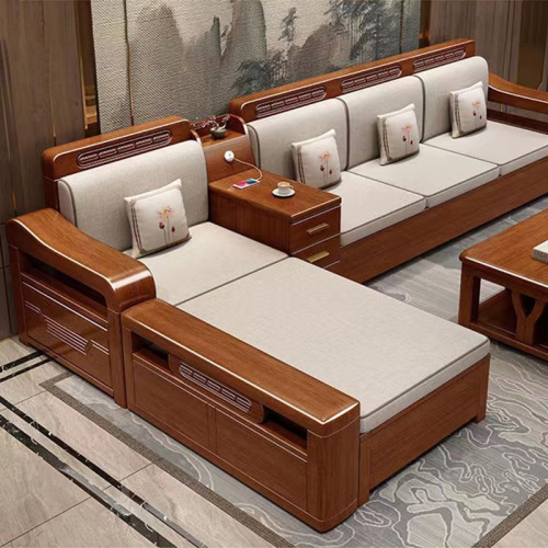 Walnut solid wood high box storage sofa combination modern Chinese style corner solid wood sofa set living room furniture