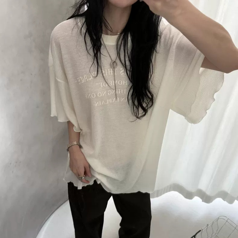 Fan Sun·Xh2026 Autumn New Korean Dongdaemun Loose Slimming Waffle Letter Print Round Neck Ruffled Short Sleeve T-Shirt Fan Sun·Xh2026 Autumn New Korean Dongdaemun Loose Slimming Waffle Letter Print Round Neck Ruffled Short Sleeve T-Shirt
