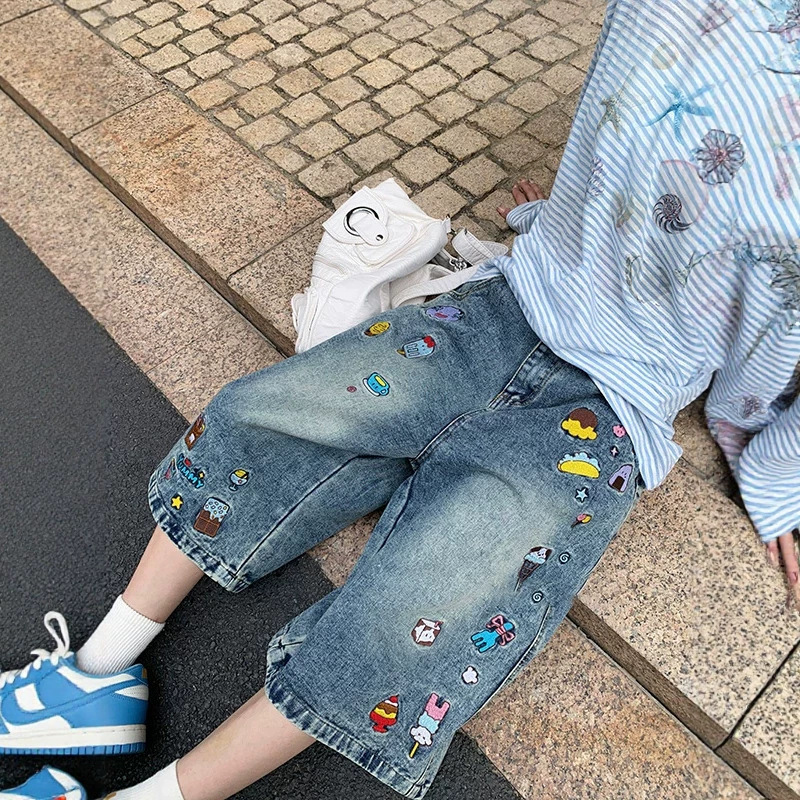 American-Style Cartoon Embroidered Cropped Jeans for Women, Summer 2026 Design, Loose Straight-Leg Mid-Length Shorts