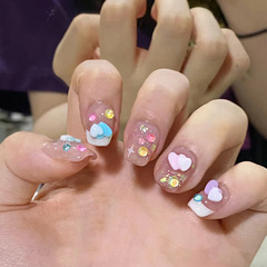X252假指甲片可拆卸美甲貼片甜心多巴胺短款手工穿戴甲可拆卸成品