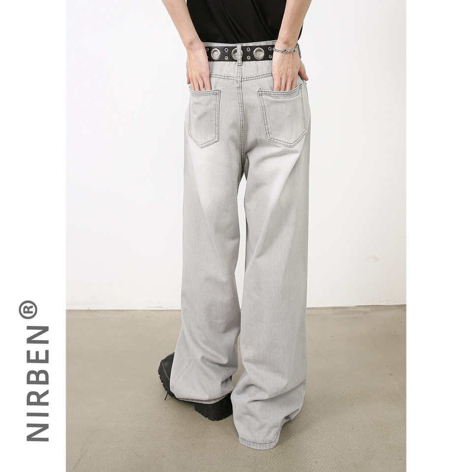 Quần jeans nam ống đứng rộng cạp vừa phong cách Hàn, vải denim râu mèo — Xanh lam nhạt, Xám nhạt