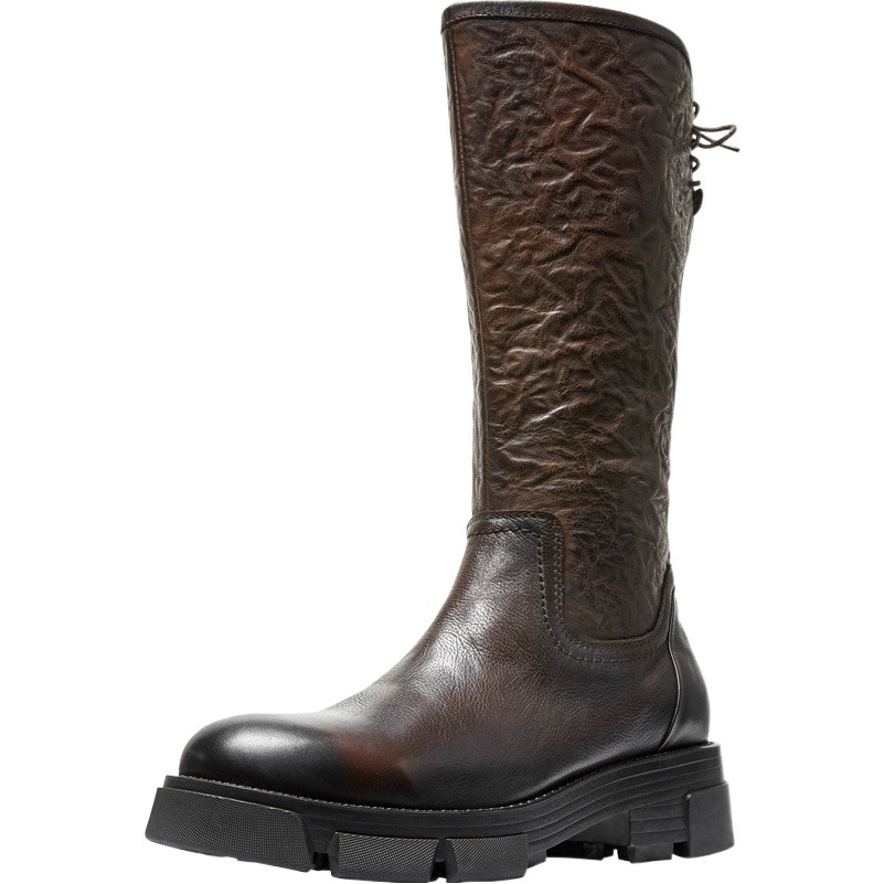 2023 новые зимние ботинки рыцаря, мужские ботинки средней высоты из натуральной кожи на толстой подошве из воловьей кожи, модные длинные сапоги выше колена в стиле ретро