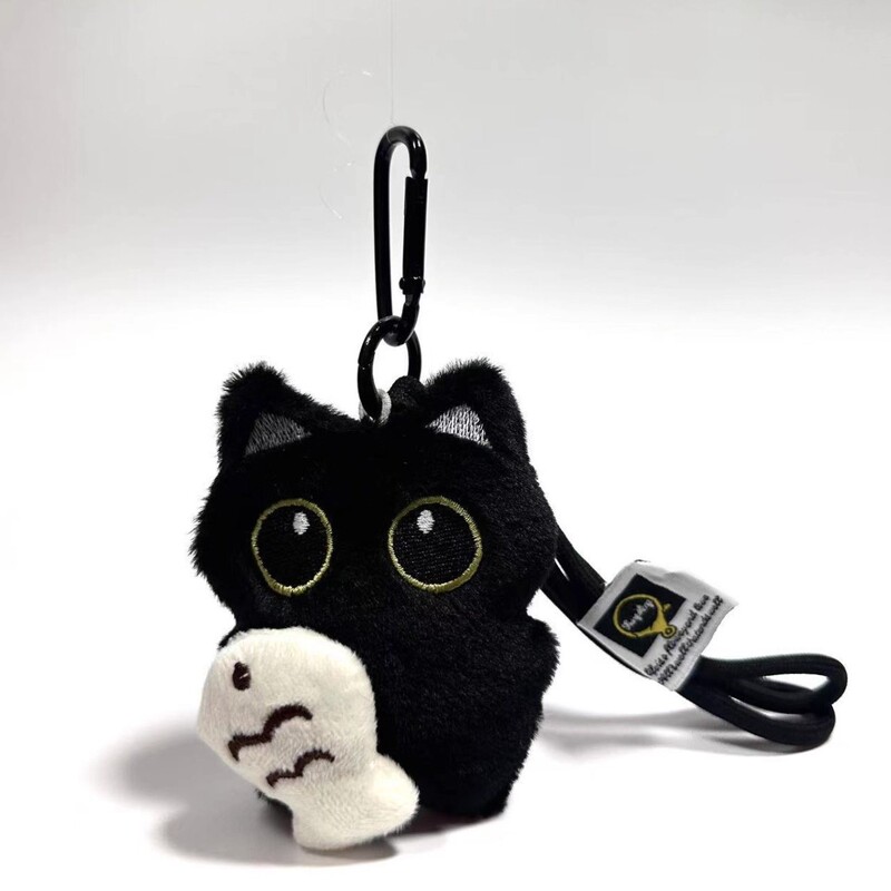 Cute and Cute Little Fish, Big-Eyed Black Cat Plush Doll, Couple Bag Pendant, Creative Little Black Cat Keychain