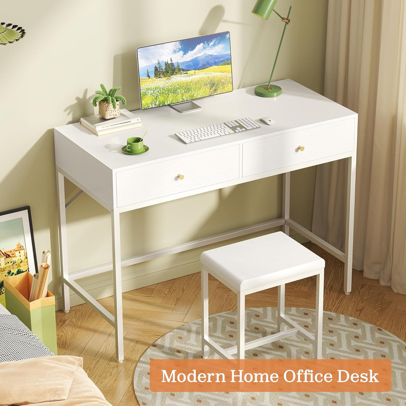 Steel-Wood Desk with Two Drawers and Padded Stool, Modern Makeup Vanity Table, Small Computer Desk, Cross-Border Hot Sale Steel-Wood Desk with Two Drawers and Padded Stool, Modern Makeup Vanity Table, Small Computer Desk, Cross-Border Hot Sale