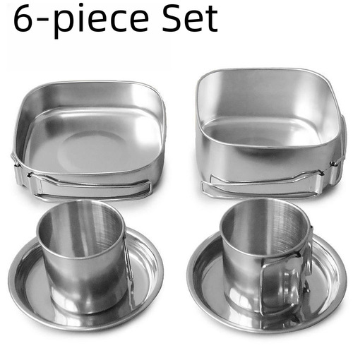 Outdoor 6-Piece Set Tableware Camping Picnic Stainless Steel Cookware, Bowls, Plates, Foldable Pot, Bowl, Cup Set