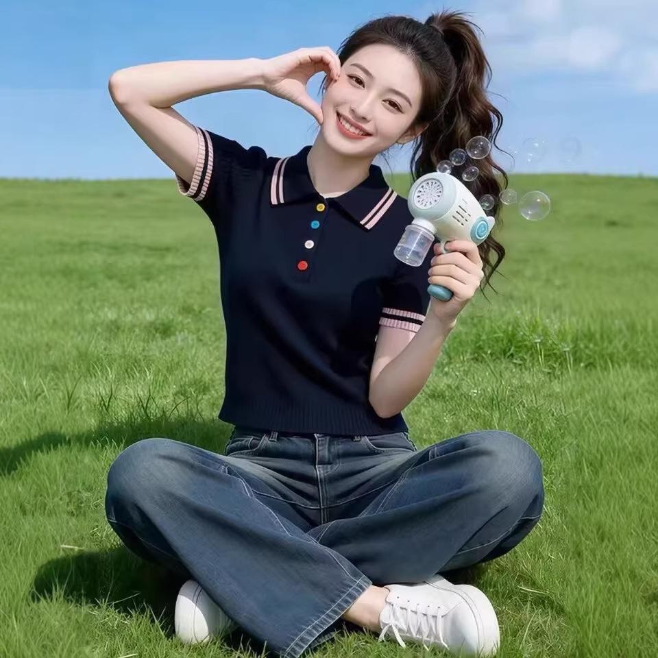 Áo thun polo nữ dệt kim tay ngắn phong cách Hàn Quốc — Xanh lông mòng đen