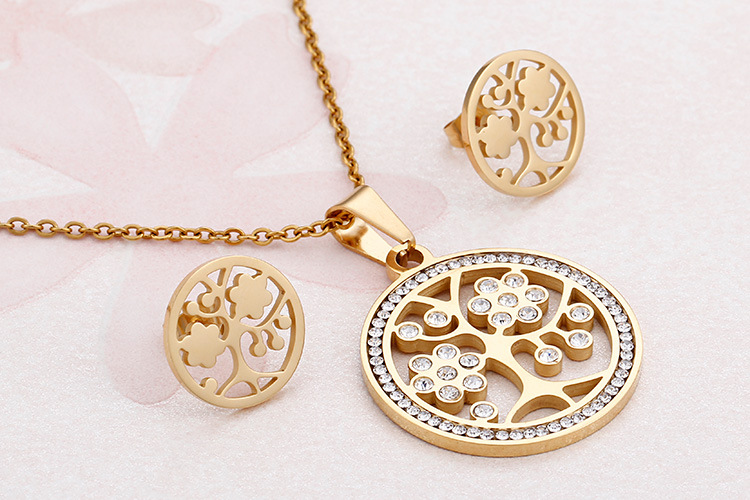Fashion Titanium Steel Diamond Pendant Tree of Life Necklace Earrings Set