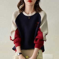 綿の丸首を含むパーカーの女性春と秋の薄いモデルの新型の2024ゆるい百合のデザイン感は色の帽子のない上着をつなぎ合わせます。