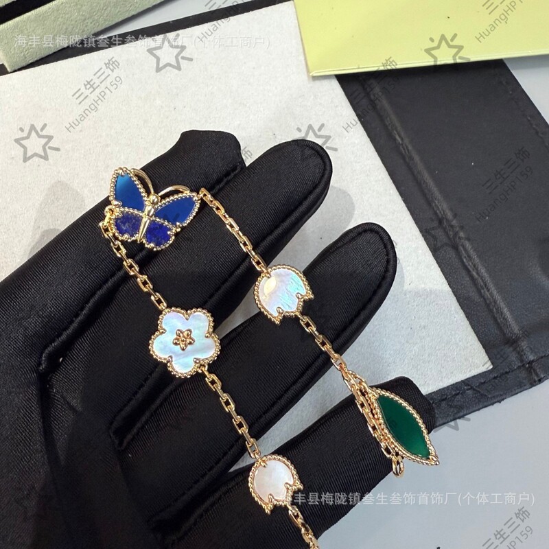 925 Thickly Plated 18K New Van Gogh Lucky Blue Butterfly Bracelet Four-Leaf Clover Pattern Lapis Lazuli Five-Flower Bracelet 925 Thickly Plated 18K New Van Gogh Lucky Blue Butterfly Bracelet Four-Leaf Clover Pattern Lapis Lazuli Five-Flower Bracelet