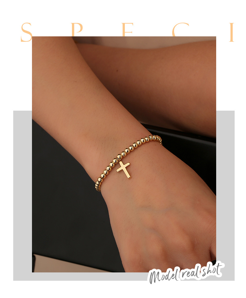 Gold Plated Beaded Charm Bracelet Minimalist Cross Design_voghion.com