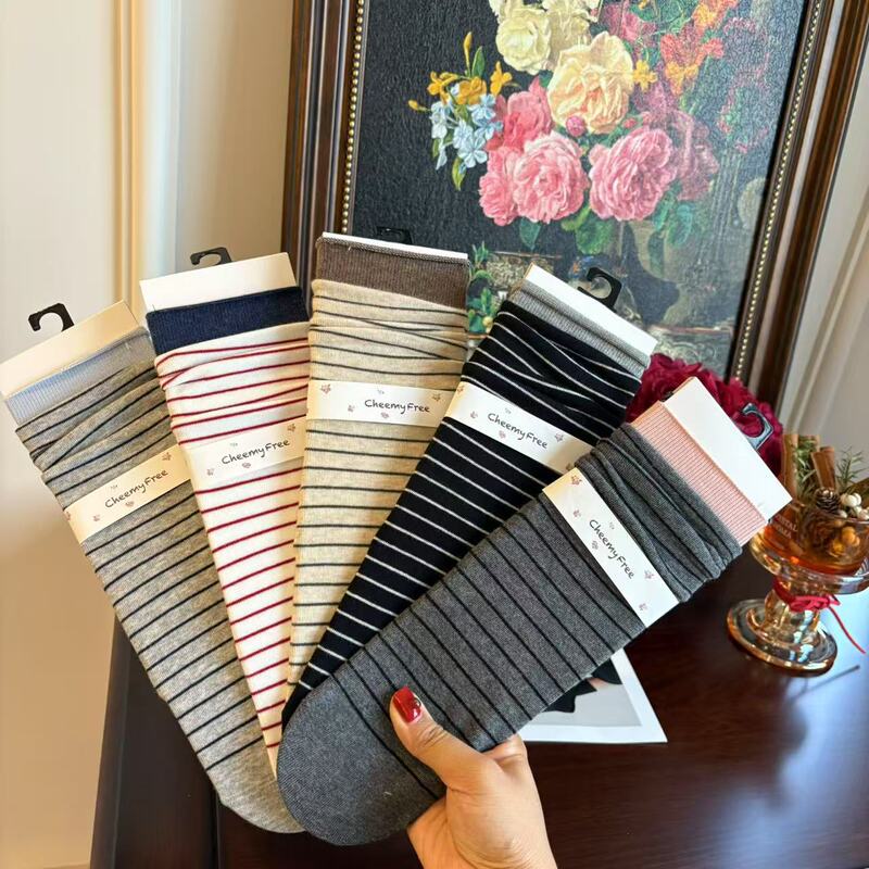 Autumn and Winter Four-Season Simple Striped Color Trendy Korean Seamless Thin Striped Slouch Socks Breathable Dongdaemun