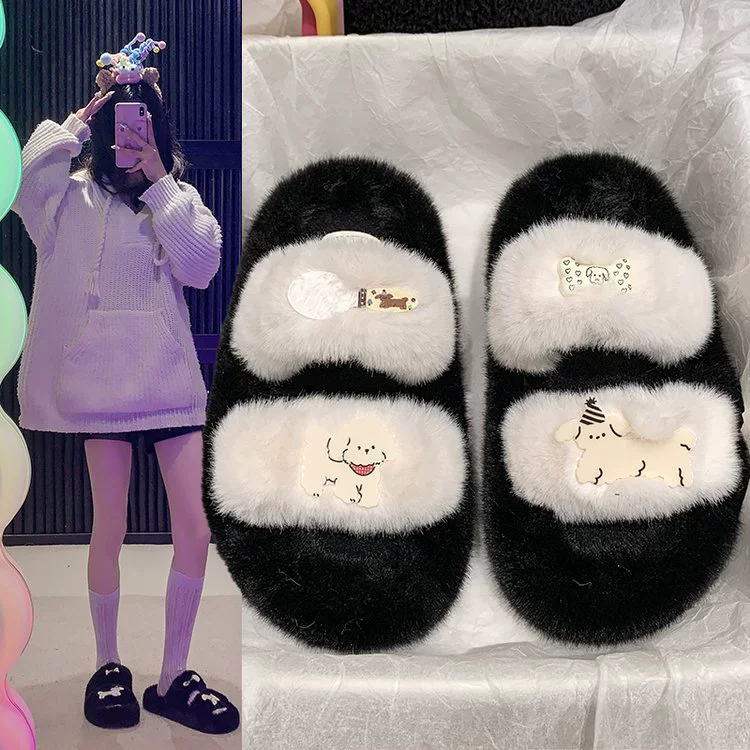 Мультяшный щенок толстая подошва увеличила шерстяные тапочки женский 2024 новый осенний буксир милые дикие хлопчатобумажные тапочки