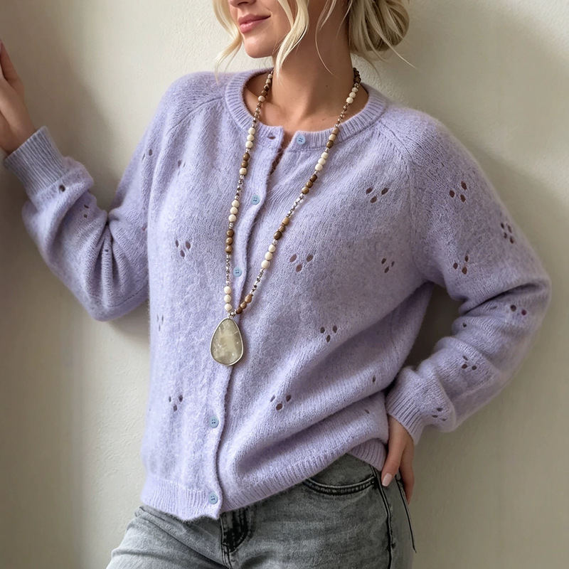 Cross-border spring and autumn round-neck wool knit cardigan for women, single-breasted, hollowed-out, fluffy texture, casual, fashionable, versatile top