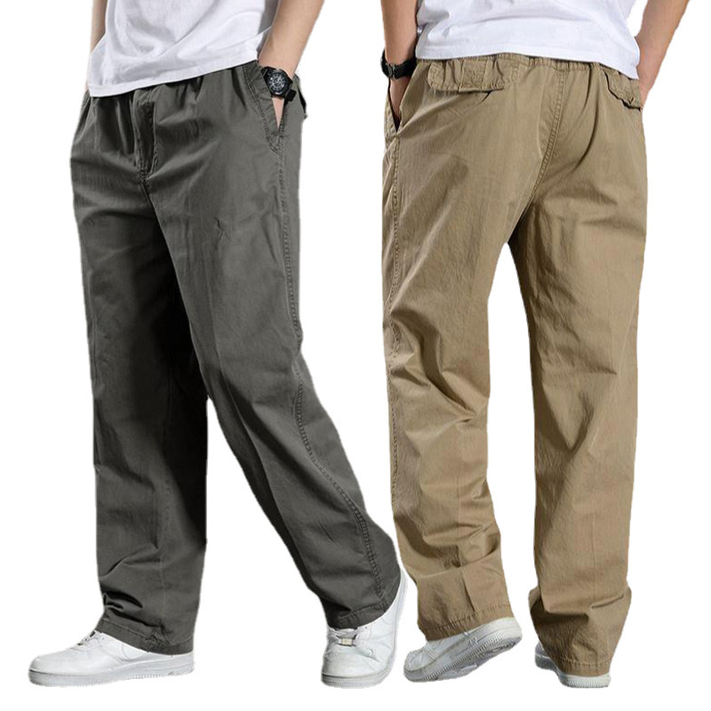Spring and summer thin men's casual pants oversized overalls plus size loose middle-aged men's pants cotton straight elastic waist