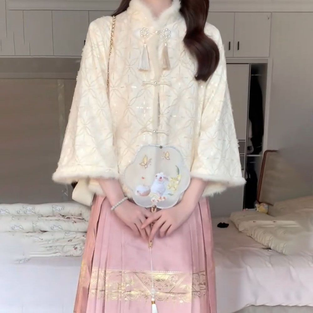 深冬装搭配一整套新中式女装国风汉服加绒加厚外套粉色马面裙套装