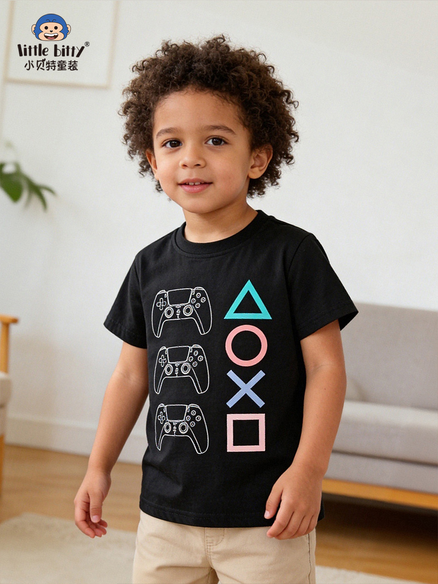 Cross-Border Supply 26Th Spring/Summer Children's Short-Sleeve T-Shirt with Cartoon Game Console Print for Boys, In-Stock Wholesale