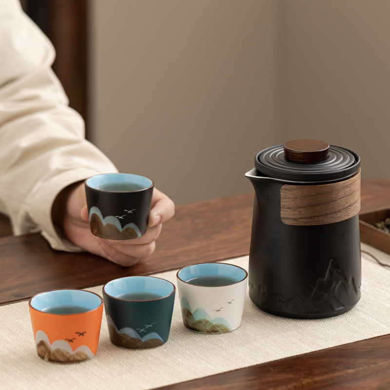 Conjunto de té de viaje de cerámica de estilo chino regalos de negocios de talla de taza de marca regalo de mano de empresa estatal bienestar
